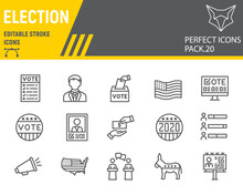 Voting And Election Line Icon Set, Vote Collection, Vector Sketches, Logo Illustrations, Elections Icons, Voting 2020 Signs Linear Pictograms, Editable Stroke.