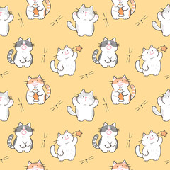  Seamless Pattern with Cute Cartoon Cat Design on Yellow Background