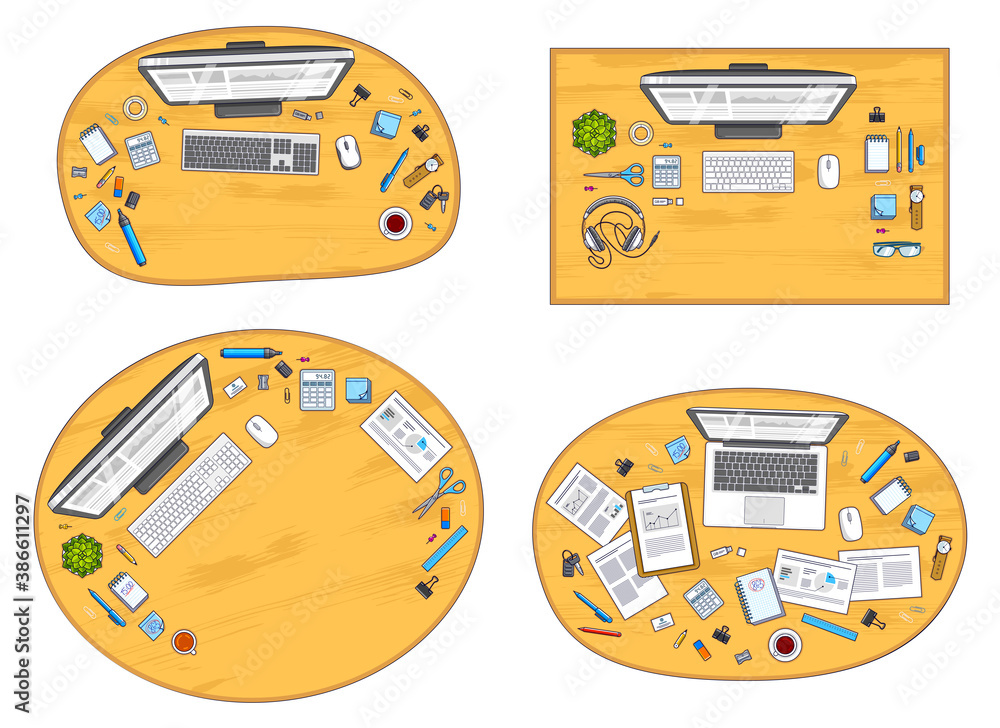 7 Different Workspaces Work desks workspaces top view with PC or laptops and a lot of ...