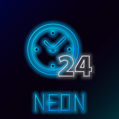 Poster - Glowing neon line Clock 24 hours icon isolated on black background. All day cyclic icon. 24 hours service symbol. Colorful outline concept. Vector.