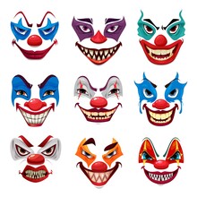 Scary Clown Faces, Vector Funster Masks With Makeup, Red Nose, Angry Eyes And Creepy Smile With Sharp Teeth Isolated On White Background. Halloween Party Characters Emoticons, Horror Creatures Emojis