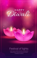 Wall Mural - Indian Diwali light festival diya lamps vector design of Hindu religion holiday. Deepavali oil lamps in shape of flowers with pink petals and fire flames, greeting card with rangoli decoration frame