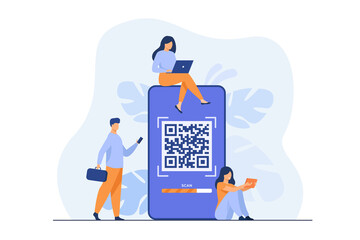 Poster - Tiny people using QR code for online payment isolated flat vector illustration. Cartoon infographic characters using smartphone for scan of QR code. Digital wallet and modern technology concept