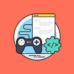 game controller attached to a website layout with coding symbols making game development icon