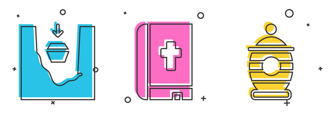 Sticker - Set Coffin in grave, Holy bible book and Funeral urn icon. Vector.