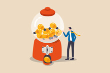 Business Ideas, Creativity, Start Up And Entrepreneur Or Innovation Light Bulb Symbol Concept, Smart Businessman With A Lot Of Ideas Standing With Gumball Machine With Abundance Of Lightbulb Ideas.