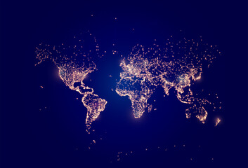 earth night map. vector illustration of cities lights from space. dark globe map for earth day