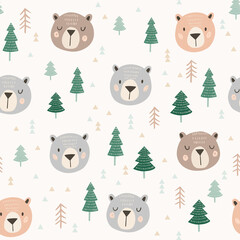 Cute woodland vector pattern. Tribal seamless design with bear heads and hand drawn trees in scandinavian style. Baby, kids illustration.