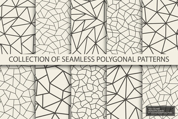 Collection of polygonal geometric patterns. Monochrome repeatable abstract backgrounds. Mosaic trendy prints. You can find seamless design in swatches panel