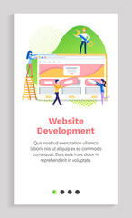 Website development, man and woman developers, screen of monitor, coding technology, homepage icon on abstract liquid shape, programming tech vector. Slide or app slider, landing page flat style