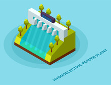 Hydroelectric Power Plant. Clean Energy And Electricity Concept. Energy Electric, Alternative Hydroelectric, Hydro Turbine, Vector Illustration. Water Power Conversion Station With Green Trees