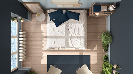 Canvas Print - Country rustic bedroom, eco interior design in blue tones, sustainable parquet, diy pallet bed, carpet and armchairs. Top view, plan, above. Natural recyclable architecture concept