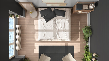 Canvas Print - Country rustic bedroom, eco interior design in gray tones, sustainable parquet, diy pallet bed, carpet and armchairs. Top view, plan, above. Natural recyclable architecture concept