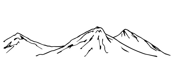 Hand-drawn simple vector drawing. Horizontal mountain landscape, nature of mountainous countries. Wildlife of the north. Panoramic sketch in ink.