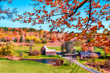 Idyllic New England Rural Farm And Landscape With Colorful Autumn Foliage. 