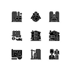 Poster - Realty black glyph icons set on white space. Property types. Business deal. House mortgage. Home for sale. Multistorey building. Realtor agent. Silhouette symbols. Vector isolated illustration