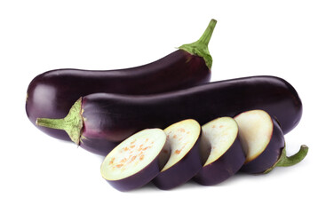 Cut and whole fresh ripe eggplants isolated on white