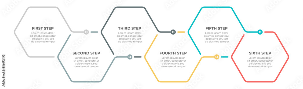Timeline infographic template design vector with 6 options or steps. Can be used for workflow diagram, info chart, annual report. - obrazy, fototapety, plakaty 
