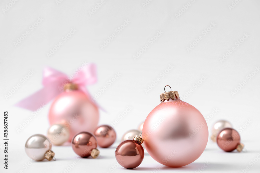 Beautiful Christmas balls on white background. Space for text - obrazy, fototapety, plakaty 