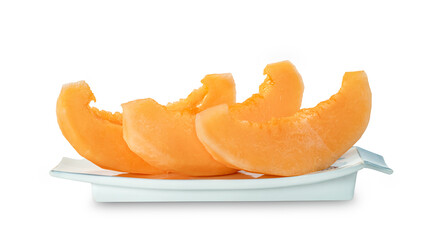 Wall Mural - Orange cantaloupe melon fruit sliced on dish isolated on white background ,include clipping path