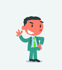 artoon character of businessman waving while smiling.