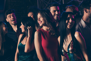 Sticker - Photo of girl wearing red dress lipstick smiling chilling together dancing with friends in night club on corporate new year party