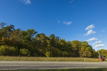 Wall Mural - Beautiful autumn landscape view. Asphalt road on yellowed trees and blue sky white white clouds background. 