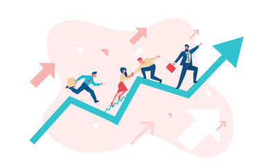 Businessmen are working their way up the sales schedule. Business opportunity concept. Teamwork metaphor. Flat vector illustration