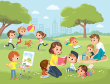 Parents With Kids At The Park. Mum Reading Book To Children. Boy Drawing The Watercolor. Teacher Reading Book To Children. Daddy Playing With Daughter.