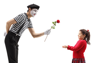 Wall Mural - Mime giving a red rose to a little girl