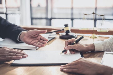 Canvas Print - Male lawyer or judge consult having team meeting with Businesswoman client, Law and Legal services concept