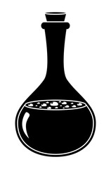 Elixir in glass bottle vector silhouette isolated on white. Black shape of magic potion. Illustration of black and white flask with chemical substance. Medicine container icon or symbol. Eps 10.