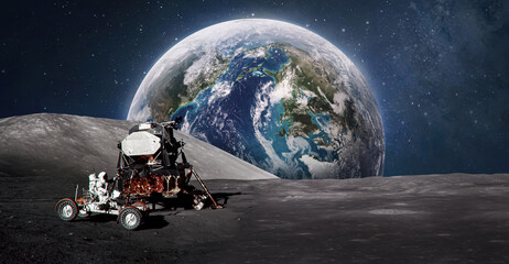 Poster - Astronaut on Moon surface. Earth planet on background. Apollo space program. Expedition to satellite. Elements of this image furnished by NASA
