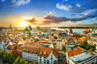 panoramic view at the city center of rostock while sunset, germany