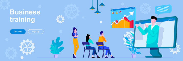 Poster - Business training landing page with people characters. Online webinar with business coach banner. Professional workshop vector illustration. Flat concept great for social media promotional materials.