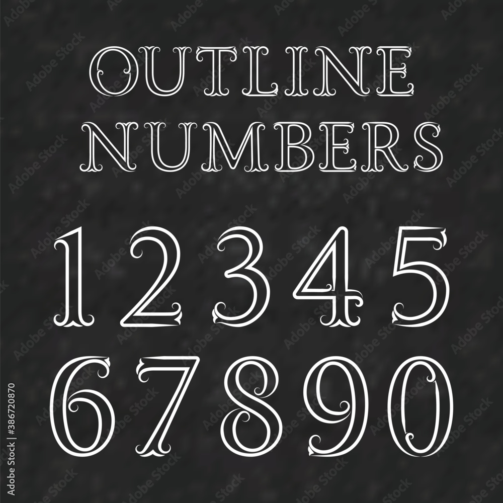 Vintage outline numbers with flourishes. Numbers in baroque style font.  White outline numbers on a black textured background. Stock Vector | Adobe  Stock, image size:1000x1000