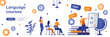 © alexdndz - Language courses landing page with people characters. Teaching service web banner. E-learning platform, distance education vector illustration. Flat concept great for social media promotional material