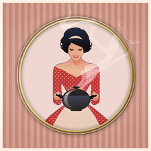 Beautiful Housewife Dressed In The Style Of The 50s In A Polka Dot Dress, Carrying A Steaming Pot On Oval Frame On Vintage Style Striped Background