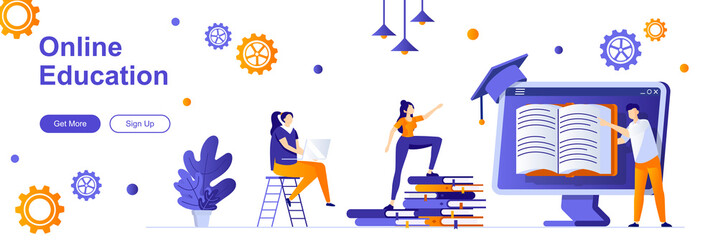 Poster - Online education landing page with people characters. Distance learning web banner. Online courses, educational webinars vector illustration. Flat concept great for social media promotional materials.
