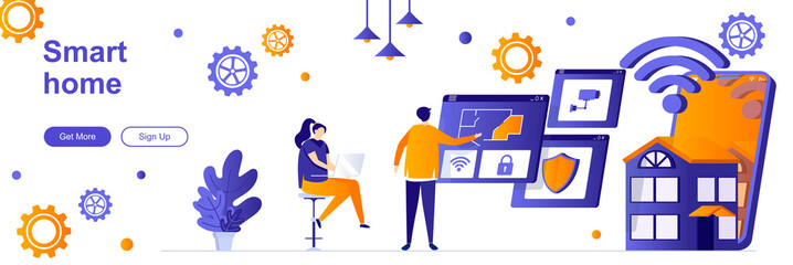 Aufkleber - Smart home landing page with people characters. Automatic systems engineering web banner. Smart house management solution vector illustration. Flat concept great for social media promotional materials