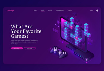 What you favorite games banner. Video and online games development, digital gadgets for players. Vector landing page with isometric computer monitor, console and joystick