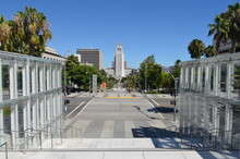 View Of  Los Angeles City Hall From The Music Center’s Front Door Grand Ave Staircase, Los Angeles, California, United States Of America.