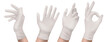 Nitrile gloves on hand front and side view. White rubber disposable latex personal protective equipment for health or laboratory workers, palm gesturing show ok, Realistic 3d vector illustration, set