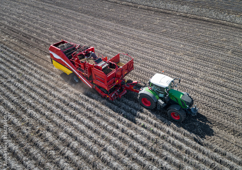 Papel de parede Kartoffelanbau -  Kartoffelernte mit einem modernen Kartoffelroder, Luftbild
