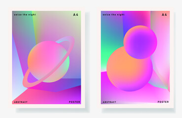 Wall Mural - set of minimal posters with abstract composition of glowing neon planets. synthwave and vaporwave st