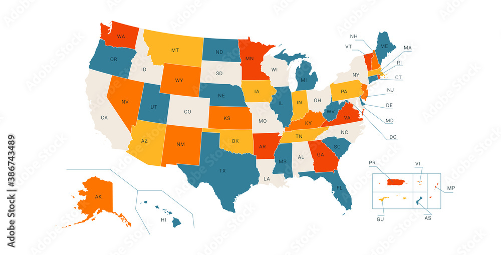 Colored Political US Map with titles of the states. All USA regions are ...
