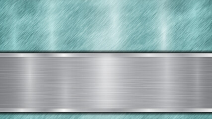 Wall Mural - Background consisting of a light blue shiny metallic surface and one horizontal polished silver plate located below, with a metal texture, glares and burnished edges