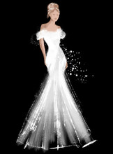 Beautiful Chalk Fashion Illustration On Black Background, Woman Wearing Elegant Retro Evening Or Wedding Dress, Set Icon