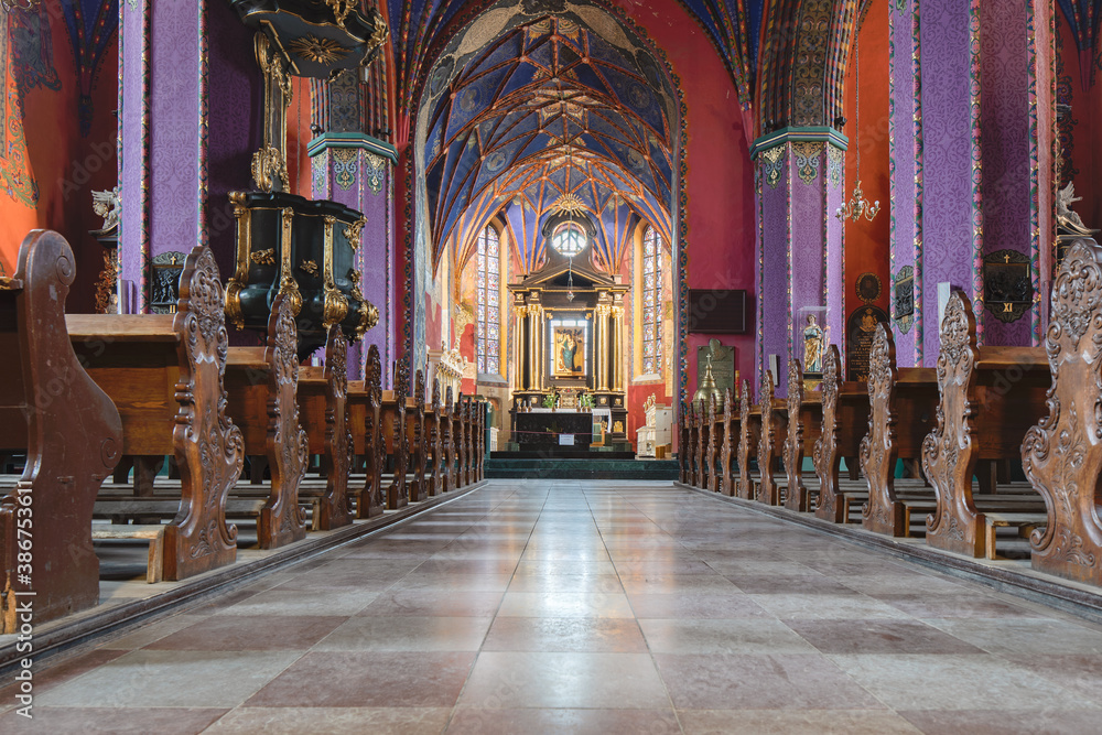 Colorful interior of the catholic cathedral church in the old town in Bydgoszcz, Poland. - obrazy, fototapety, plakaty 