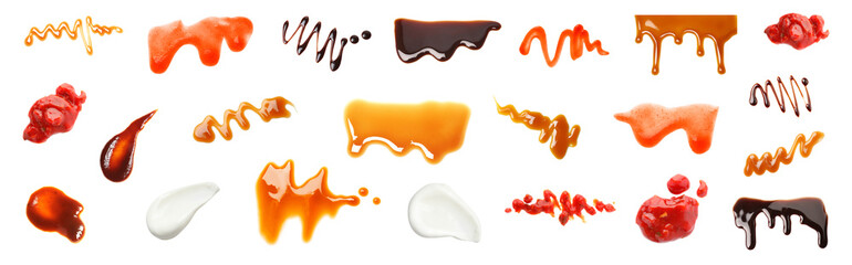 Wall Mural - Set with samples of different sauces on white background. Banner design